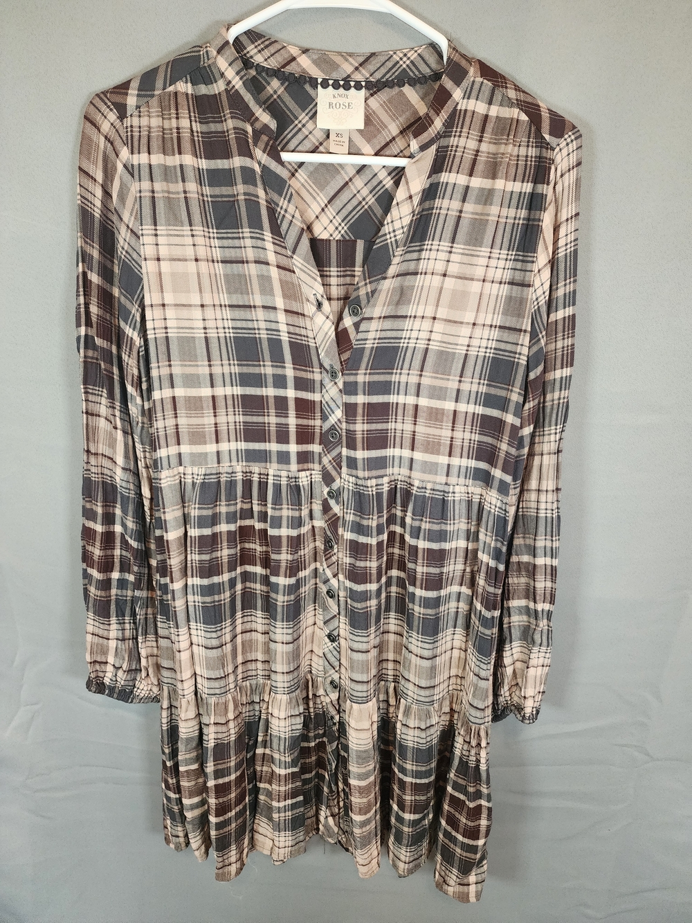 Knox Rose Plaid Button-Front Tunic Dress in Cream, Gray & Brown